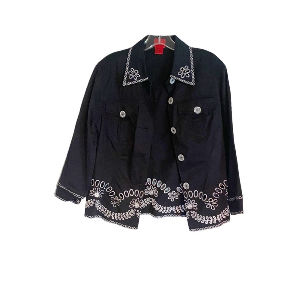 Very Vera Embroidered Black Jacket S Cotton Blend Eyelet Floral - Picture 4 of 8